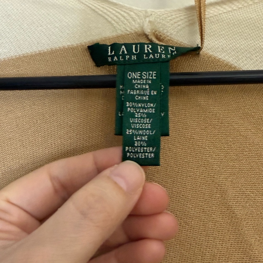 {Lauren Ralph Lauren}-OS-Tan and Cream Women's Wool Blend Open Front Shawl - Picture 3 of 4